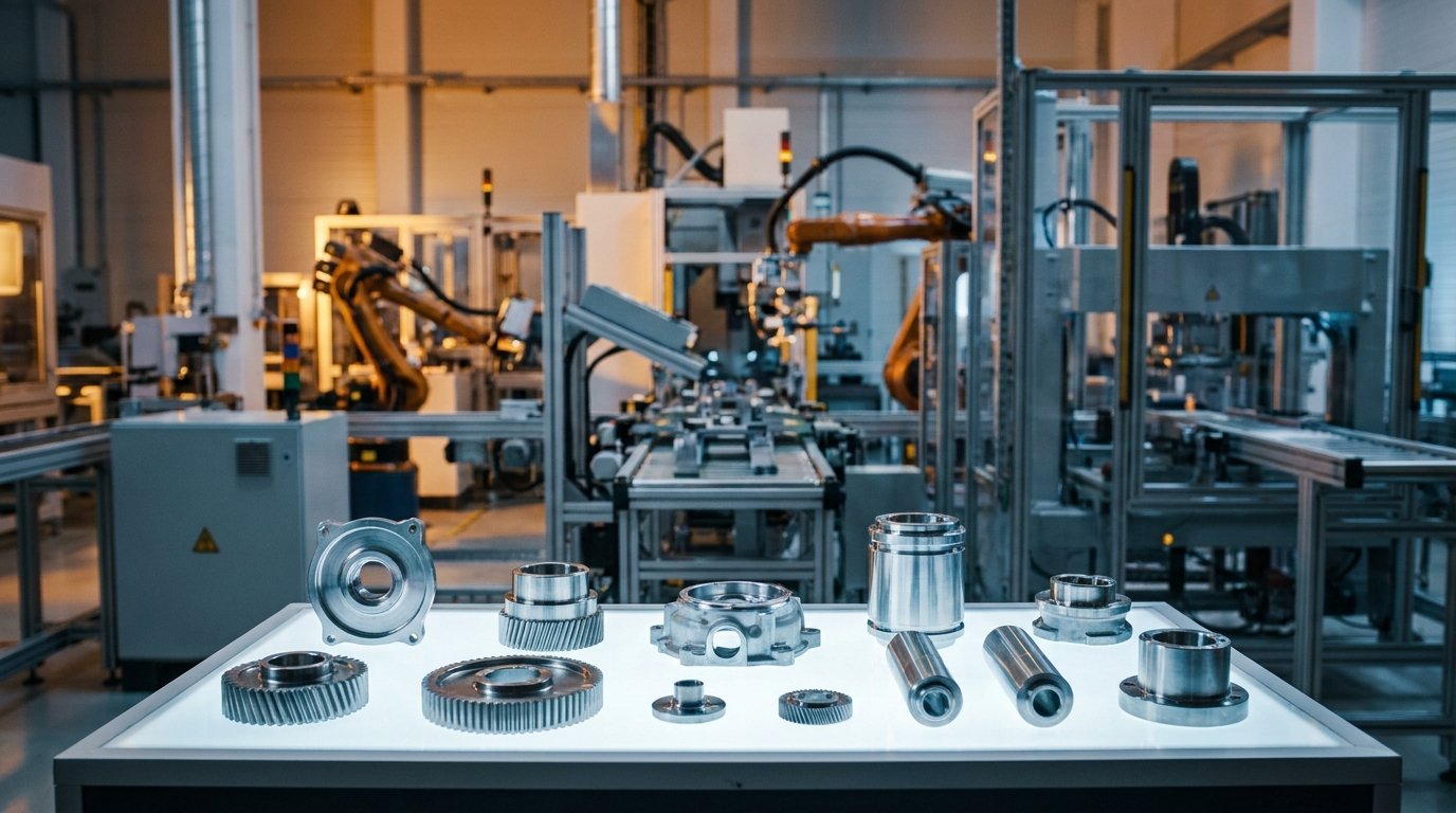 Bright precision-machined metal parts arranged on a lightbox inspection table, with robotic arms visible in the background