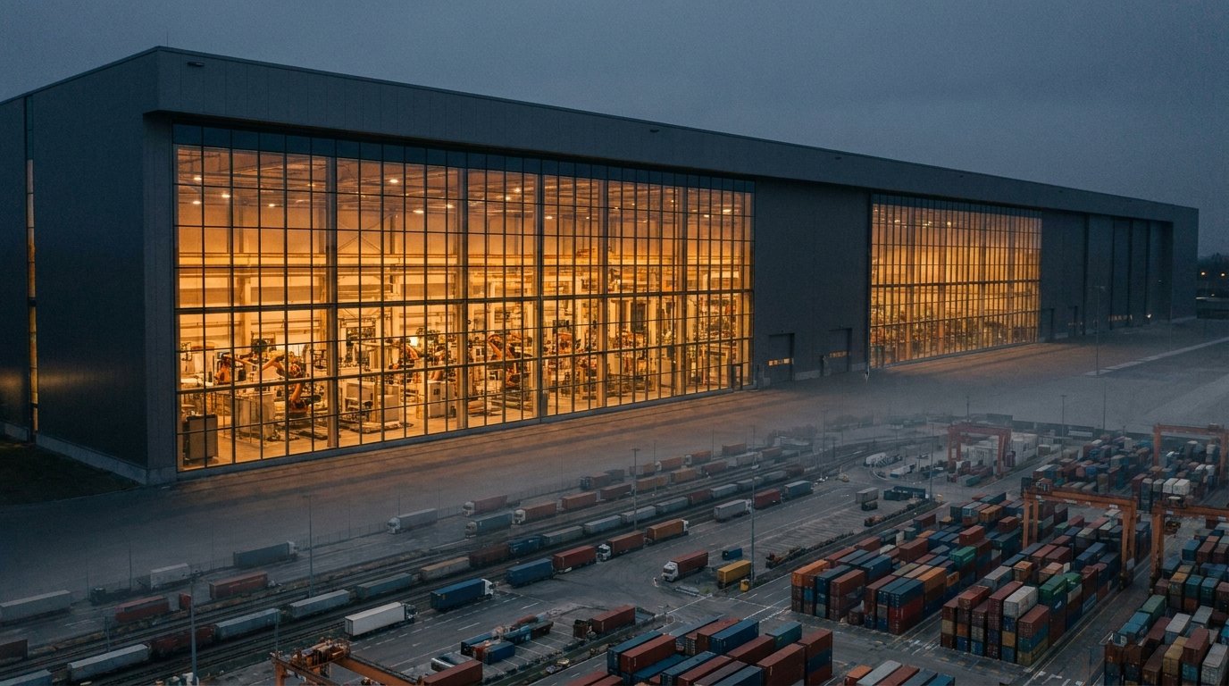 Large glass-fronted factory with robotic production lines lit at dusk, beside a container terminal