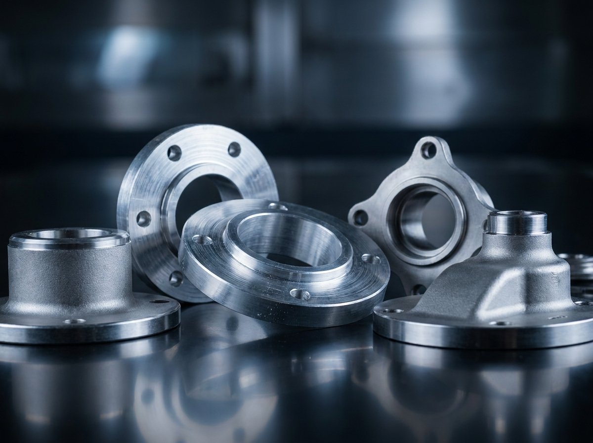 Precision-machined industrial components including flanges and castings showing manufacturing quality