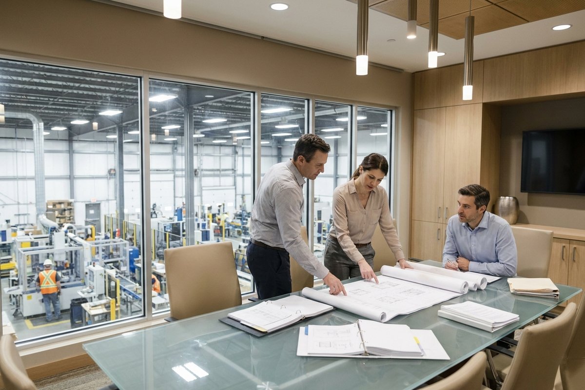 Two colleagues reviewing blueprints in a bright meeting room overlooking an active factory floor